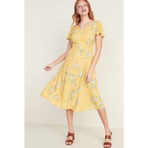 Old Navy Midi Dress L Yellow Floral Smocked Fit & Flare V-neck Prairie Flutter
